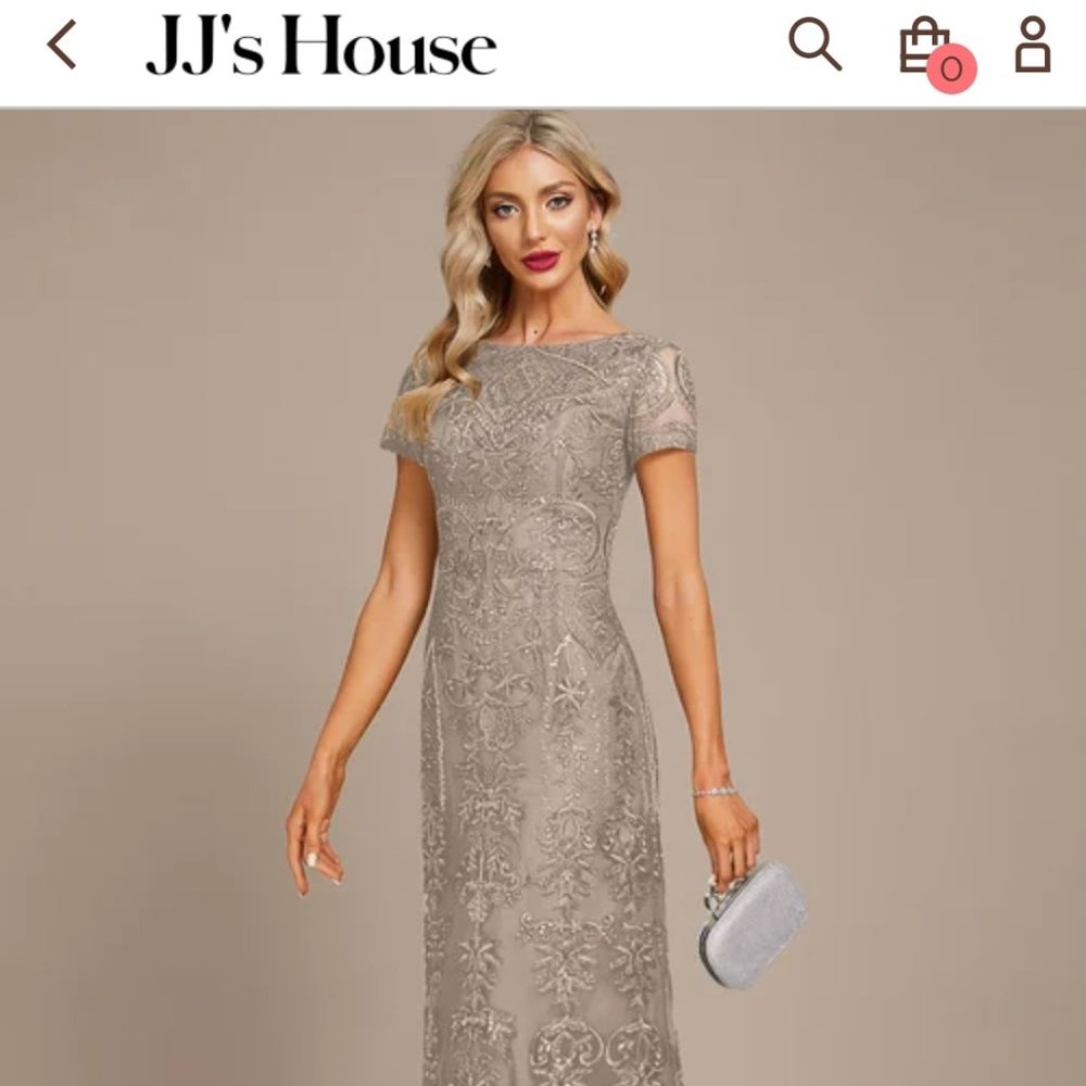 JJs House Elegant Lace Embroidered Short Sleeve Evening Dress in Taupe